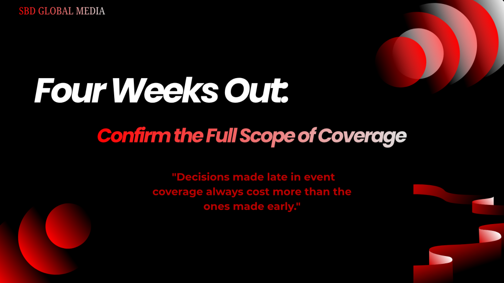 Four Weeks Out: Confirm the Full Score of Coverage
" Decisions made late in event coverage always cost more than the ones made early."