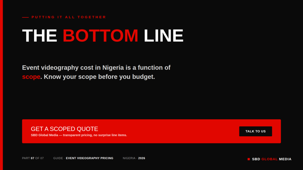 Event videography cost in Nigeria is a function of scope. Known your scope before you budget.